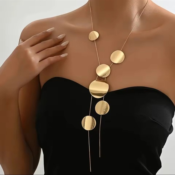 Gold Geometric Disc Pendant Necklace – Statement Long Layered Jewelry - Picture 4 of 8